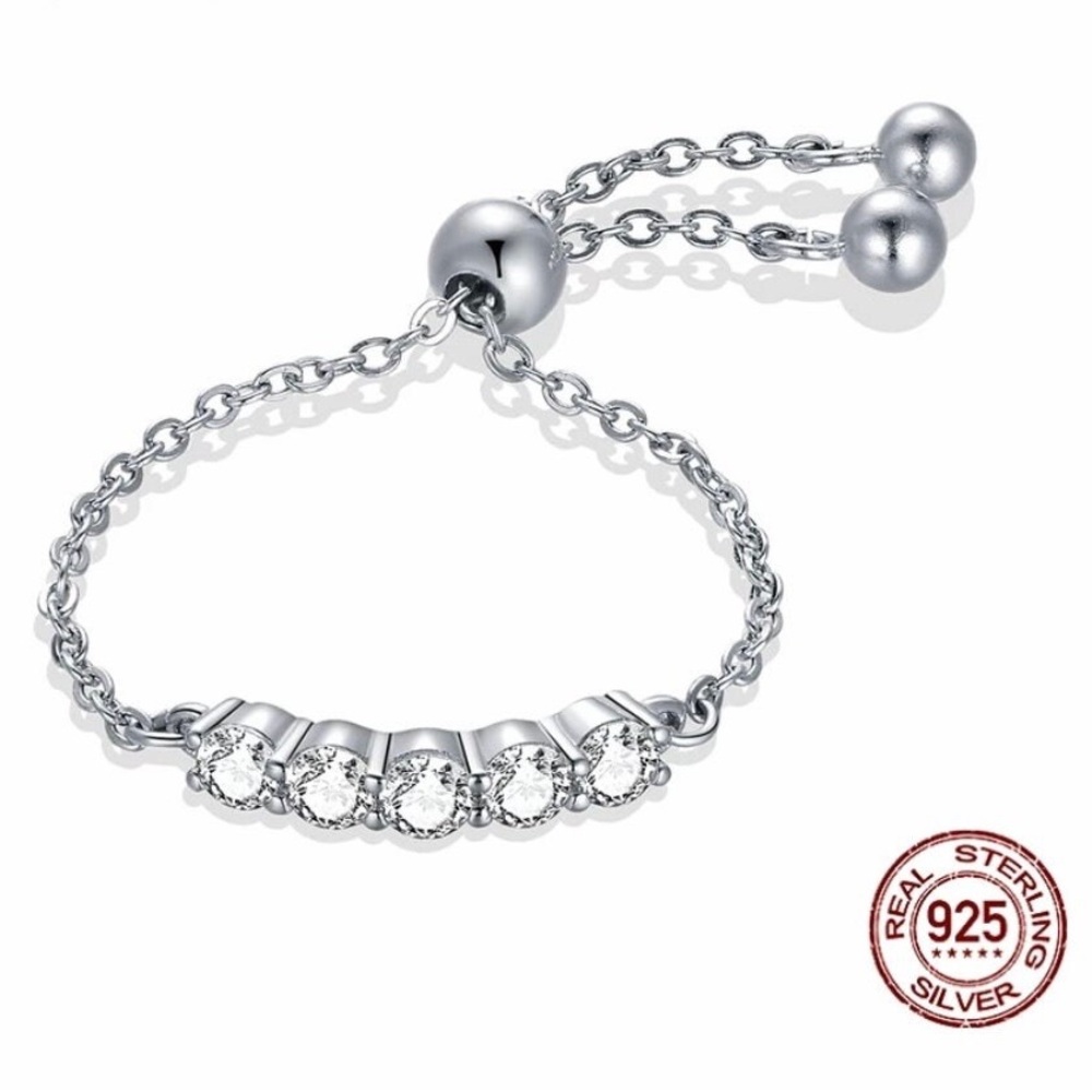 Silver Zircona Chain Ring Adjustable Ring Chain Link for Women SCR699
